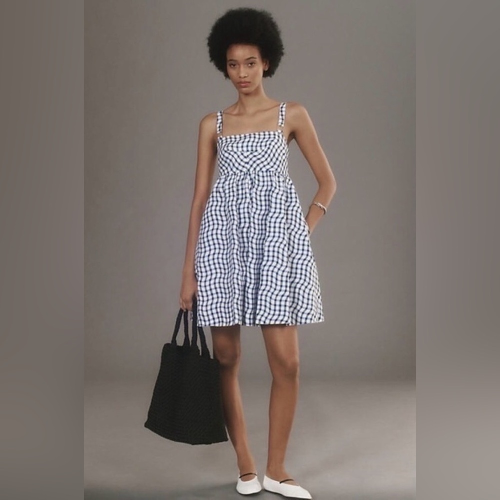 Maeve Anthropologie Sleeveless Babydoll Gingham Romper Blue Sz XLP - Picture 6 of 9